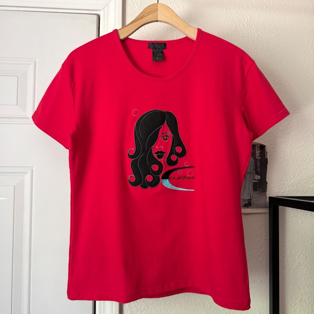 CUSTO BARCELONA red y2k logo girl lady graphic‎ crew neck knit tee t-shirt
